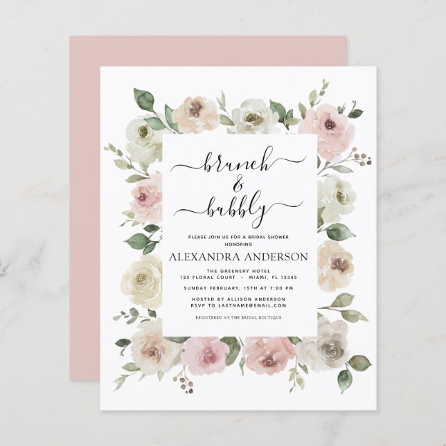 Budget Dusty Pink Brunch & Bubbly Bridal Shower (Front/Back)