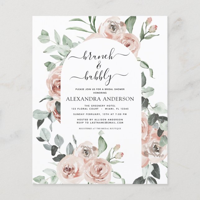 Budget Dusty Pink Brunch & Bubbly Bridal Shower Flyer (Front)