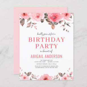 Budget Dusty Pink Floral Birthday Party Invitation