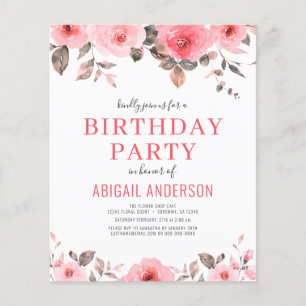 Budget Dusty Pink Floral Birthday Party Invitation Flyer