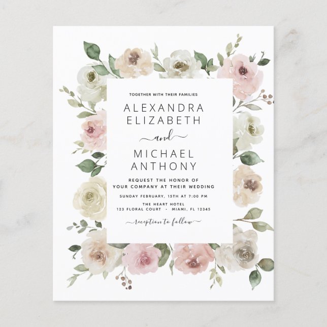 Budget Dusty Pink Floral Eucalyptus Wedding Flyer (Front)