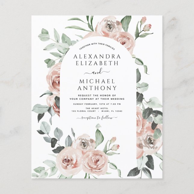 Budget Dusty Pink Floral Photo Wedding Invitation Flyer (Front)