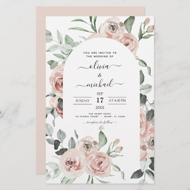 Budget Dusty Pink Floral Wedding Invitation (Front/Back)