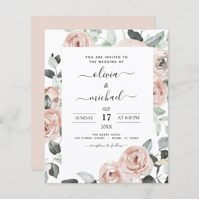 Budget Dusty Pink Floral Wedding Invitation (Front/Back)