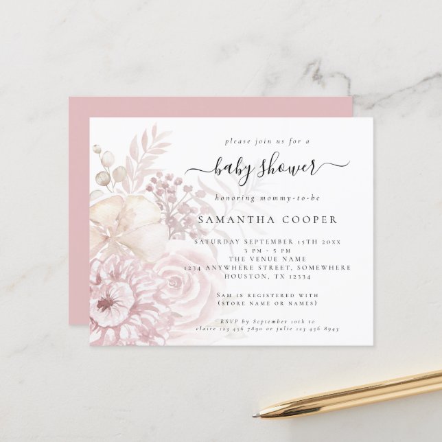 Budget Dusty Pink Florals Baby Shower Invite (Front/Back In Situ)