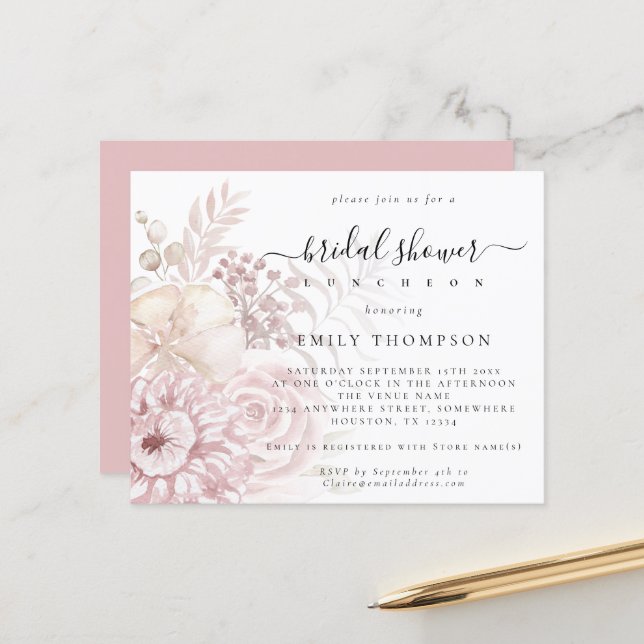Budget Dusty Pink Florals Bridal Shower Invitation (Front/Back In Situ)