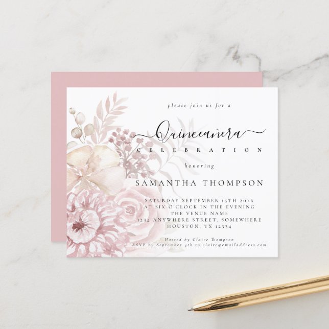 Budget Dusty Pink Florals Quinceañera Invitation (Front/Back In Situ)