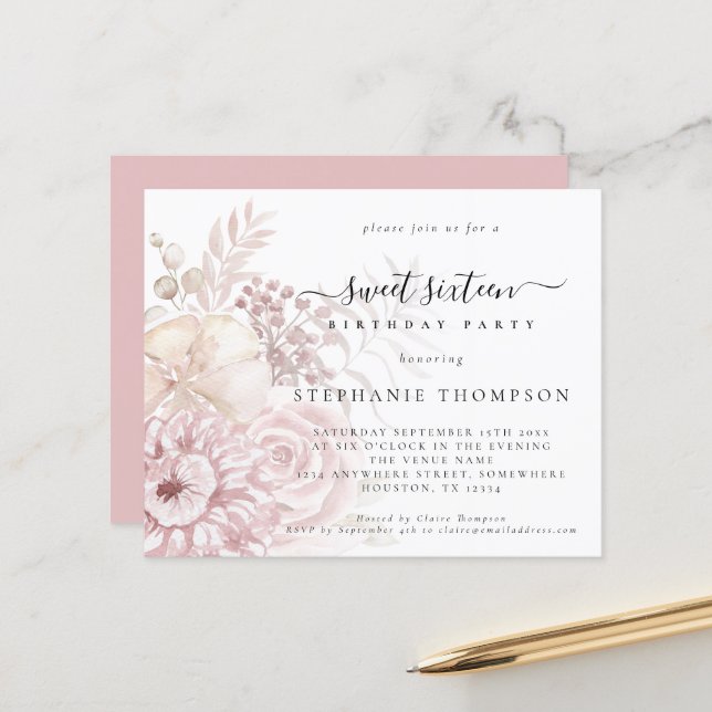 Budget Dusty Pink Florals Sweet Sixteen Invitation (Front/Back In Situ)