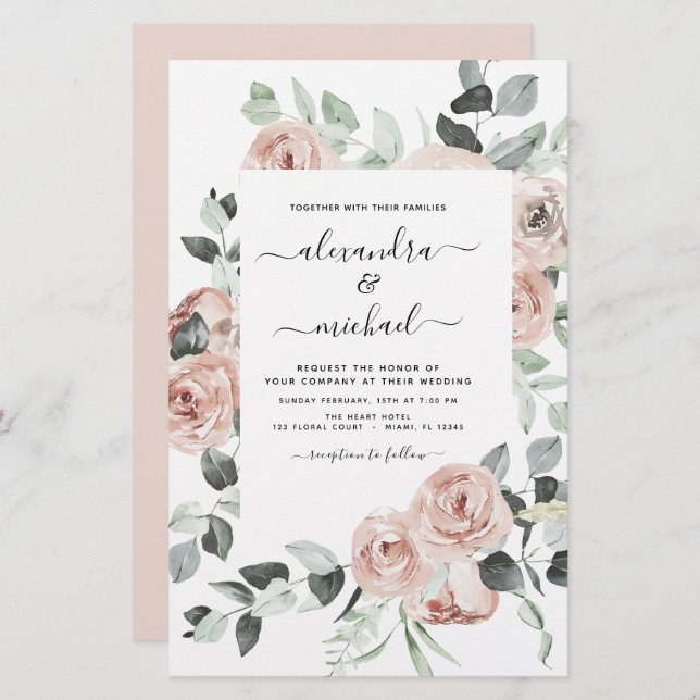 Budget Dusty Pink Greenery Wedding Invitations (Front/Back)