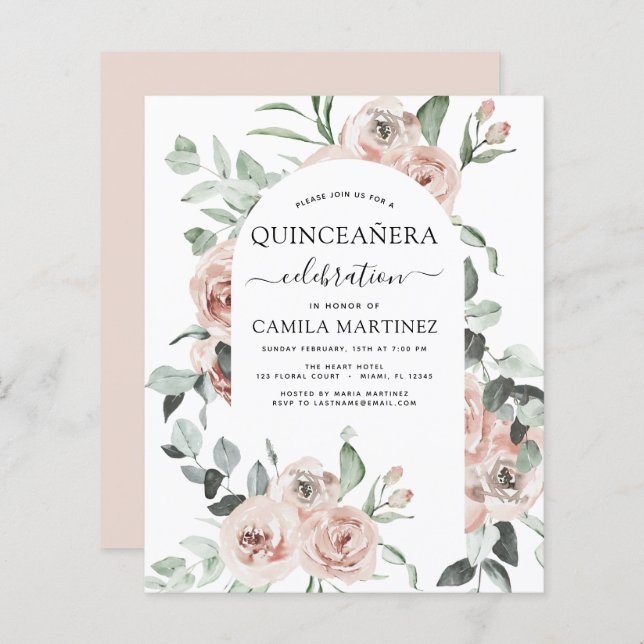 Budget Dusty Pink Quinceañera Floral Invitation (Front/Back)