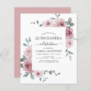 Budget Dusty Pink Quinceañera Floral Invitation