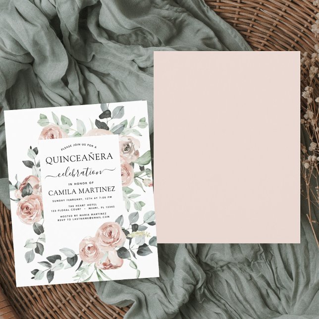 Budget Dusty Pink Quinceañera Floral Invitation (Creator Uploaded)