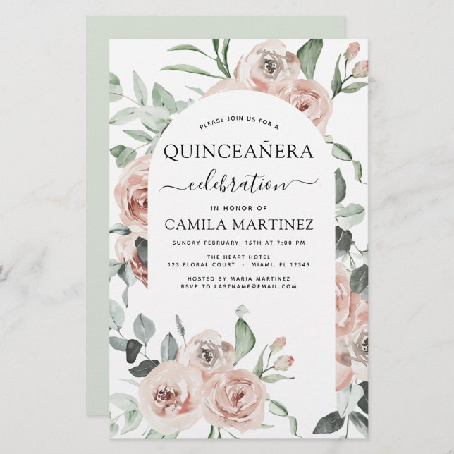 Budget Dusty Pink Quinceañera Floral Invitation (Front/Back)
