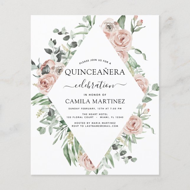 Budget Dusty Pink Quinceañera Floral Invitation Flyer (Front)