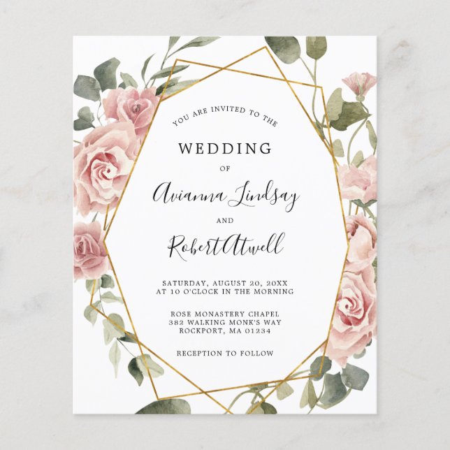 Budget Dusty Pink Rose Floral Wedding Invitation (Front)