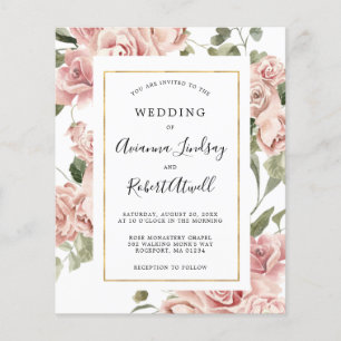 Budget Dusty Pink Rose Floral Wedding Invitation