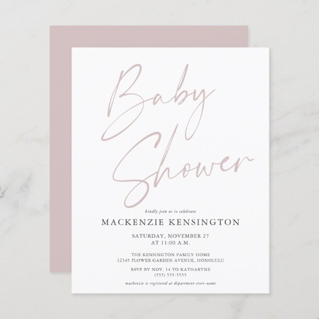 Budget Dusty Pink Script Baby Girl Shower Invite (Front/Back)