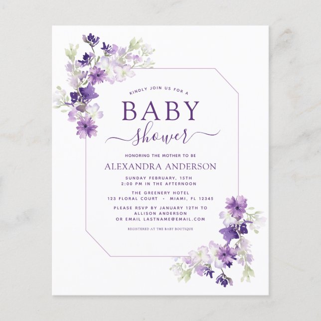 Budget Dusty Purple Floral Greenery Baby Shower Flyer (Front)