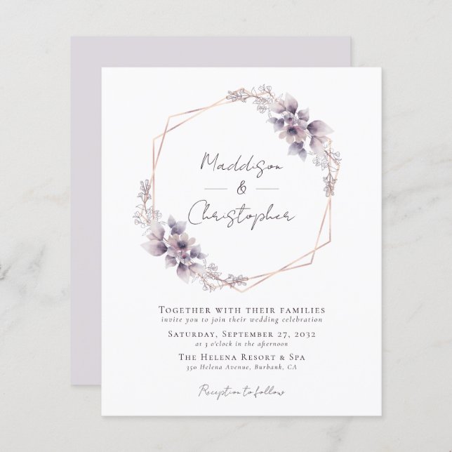 Budget Dusty Purple Floral Wedding Invitation (Front/Back)