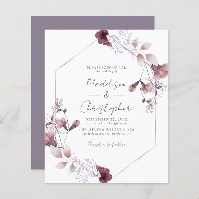 Budget Dusty Purple Floral Wedding Invitation (Front/Back)