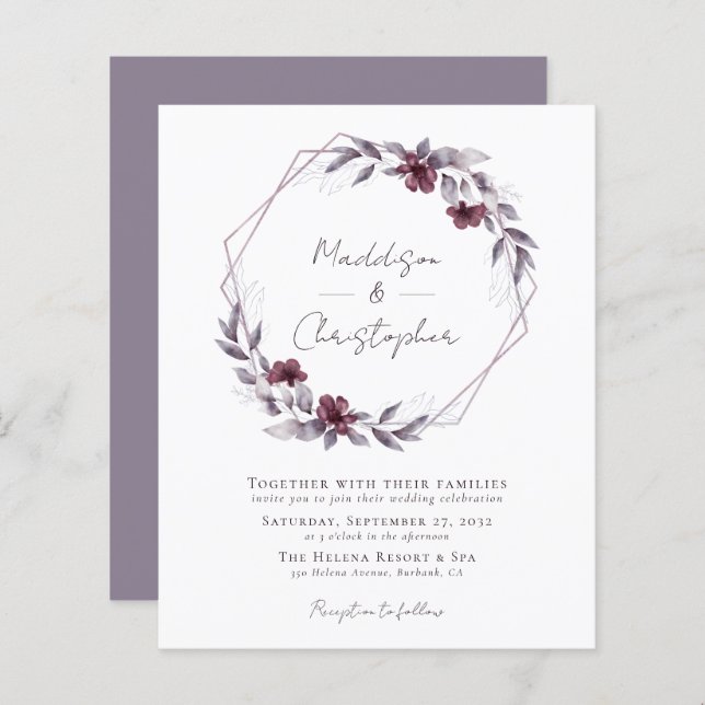 Budget Dusty Purple Floral Wedding Invitation (Front/Back)