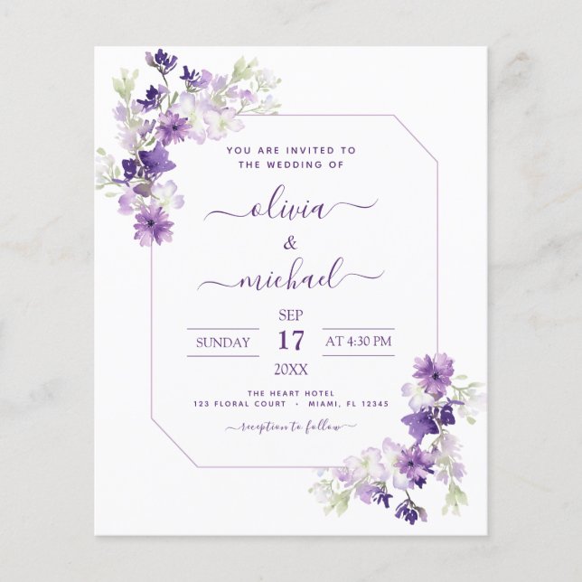Budget Dusty Purple Wedding Floral Greenery Flyer (Front)