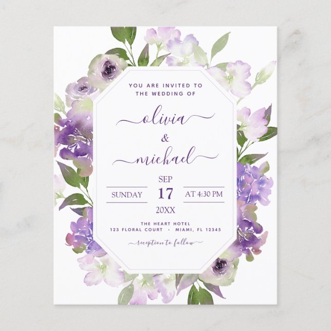 Budget Dusty Purple Wedding Floral Greenery Flyer (Front)