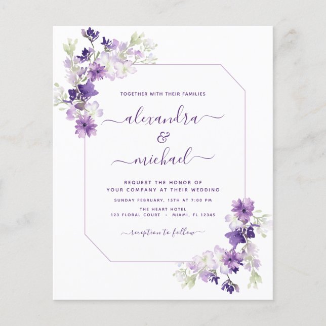Budget Dusty Purple Wedding Floral Greenery Flyer (Front)