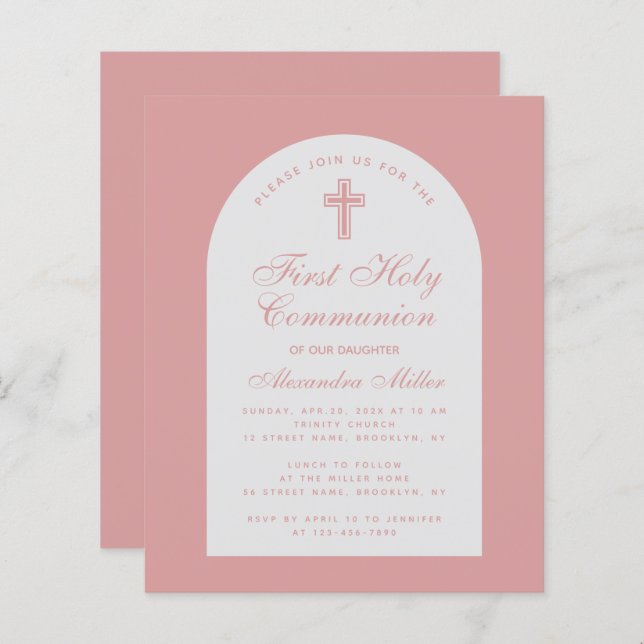 Budget Dusty Rose Arch First Communion Invitation  (Front/Back)