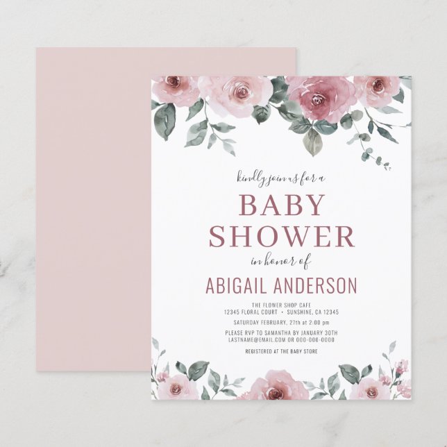 Budget Dusty Rose Floral Baby Shower Invitation  (Front/Back)