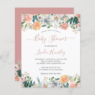 Budget Dusty Rose Floral Baby Shower Invitation