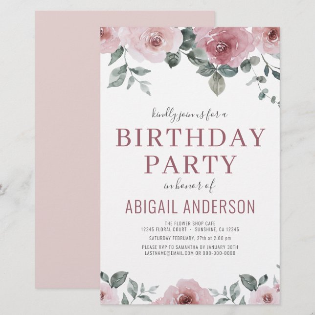 Budget Dusty Rose Floral Birthday Party Invitation (Front/Back)