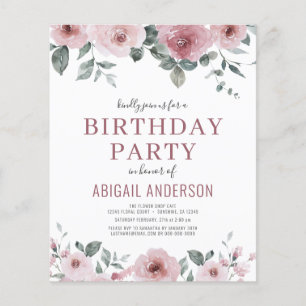 Budget Dusty Rose Floral Birthday Party Invitation Flyer