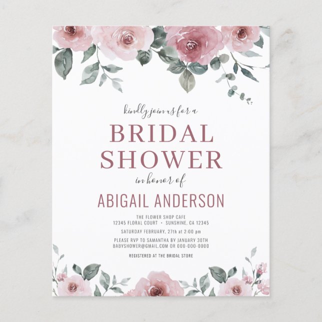 Budget Dusty Rose Floral Bridal Shower Invitation  (Front)