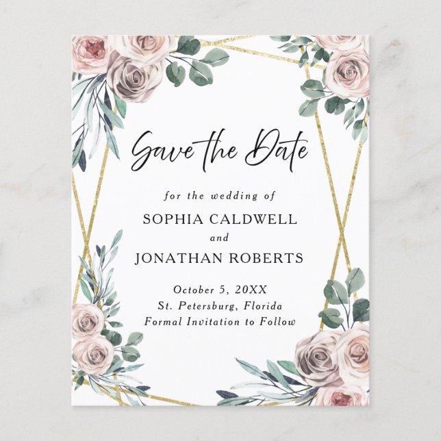 Budget Dusty Rose Floral Eucalyptus Save the Date (Front)