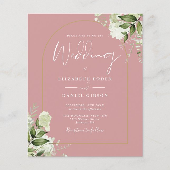 Budget Dusty Rose Floral Gold Arch Wedding Invite (Front)