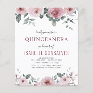 Budget Dusty Rose Floral QUINCEAÑERA Invitation Flyer