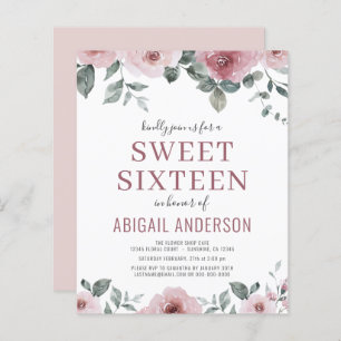 Budget Dusty Rose Floral Sweet Sixteen Invitation