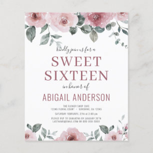 Budget Dusty Rose Floral Sweet Sixteen Invitation Flyer