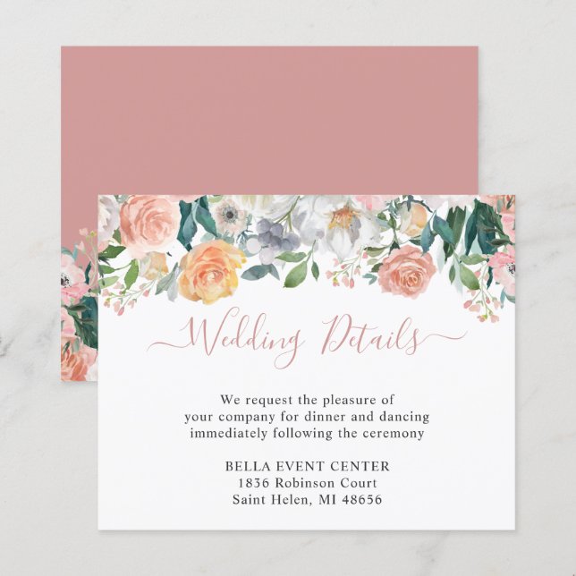 Budget Dusty Rose Floral Wedding Details Card (Front/Back)