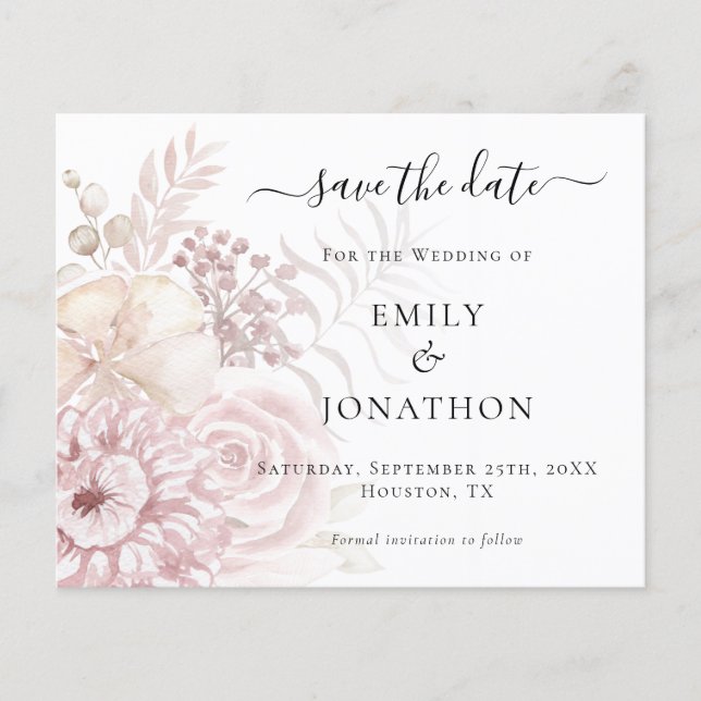 Budget Dusty Rose Florals Wedding Save the Date  (Front)