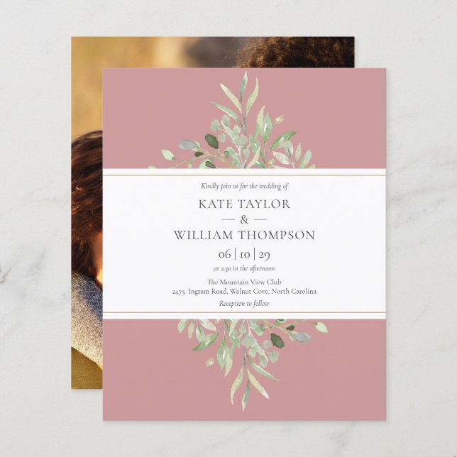 Budget Dusty Rose Greenery Wedding Photo Invite (Front/Back)