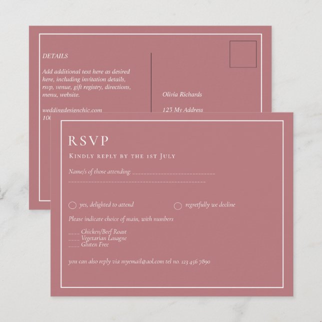 BUDGET Dusty Rose Monochrome RSVP Simple Plain Postcard (Front/Back)