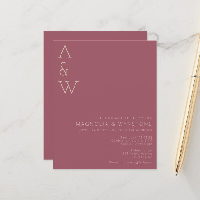 BUDGET Dusty Rose Monogram Wedding Invitation (Front/Back In Situ)