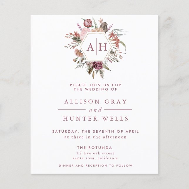 Budget Dusty Rose Monogram Wedding Invitation  Fly Flyer (Front)