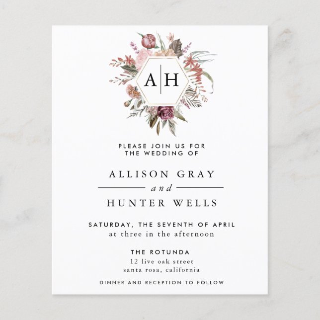 BUDGET Dusty Rose Monogram Wedding Invitation Flyer (Front)