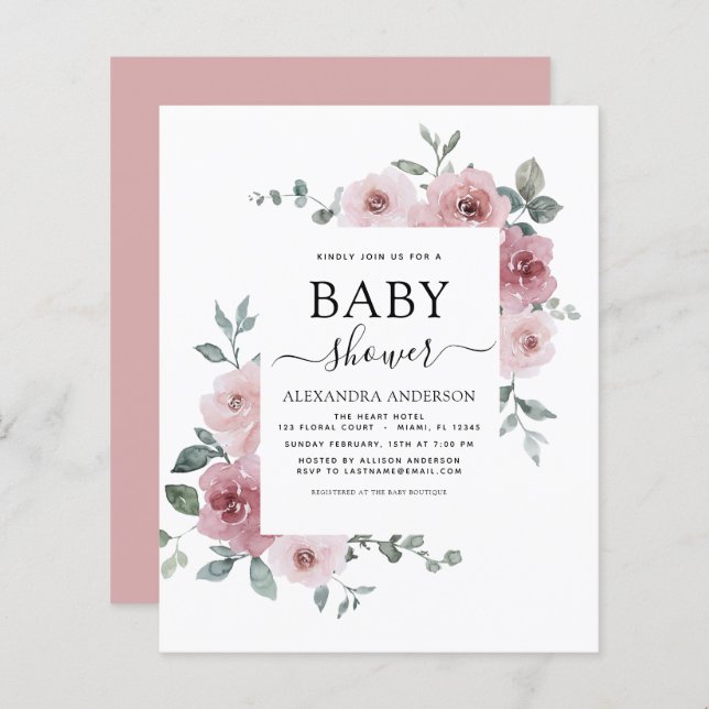 Budget Dusty Rose Pink Baby Shower Floral (Front/Back)