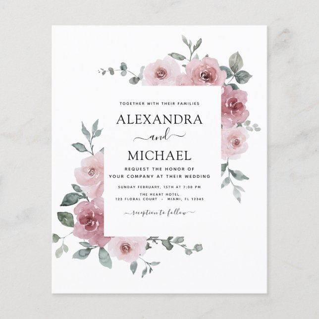 Budget Dusty Rose Pink Floral  Greenery Wedding Flyer (Front)