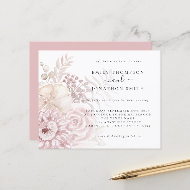Budget Dusty Rose Pink Florals Wedding Invitation (Front/Back In Situ)