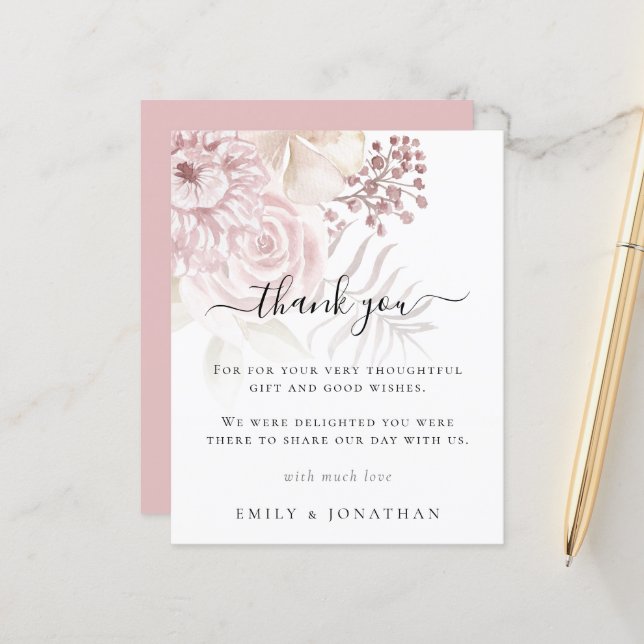 Budget Dusty Rose Pink Florals Wedding Thank You (Front/Back In Situ)